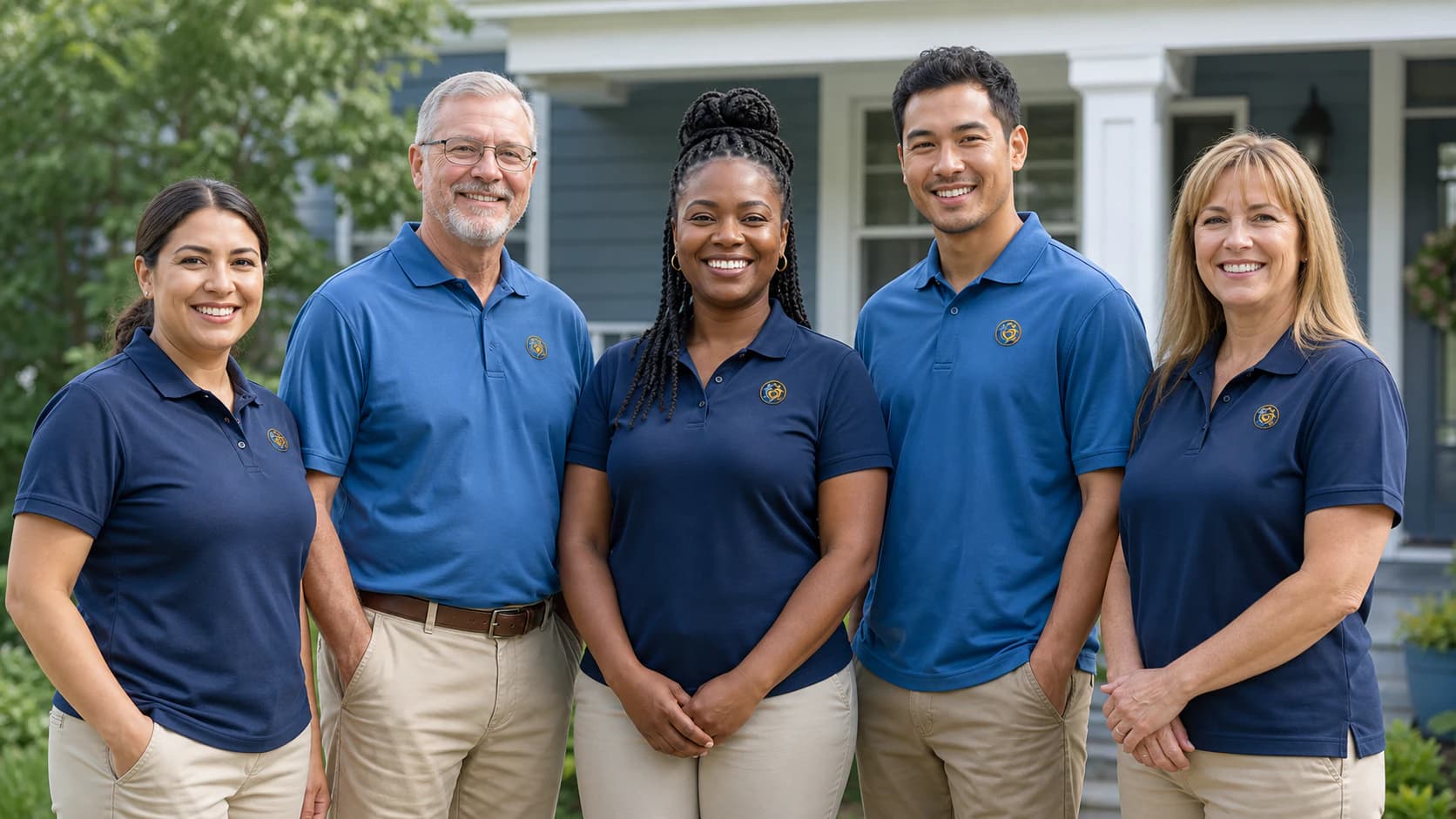 A diverse team of professional caregivers outside a welcoming home