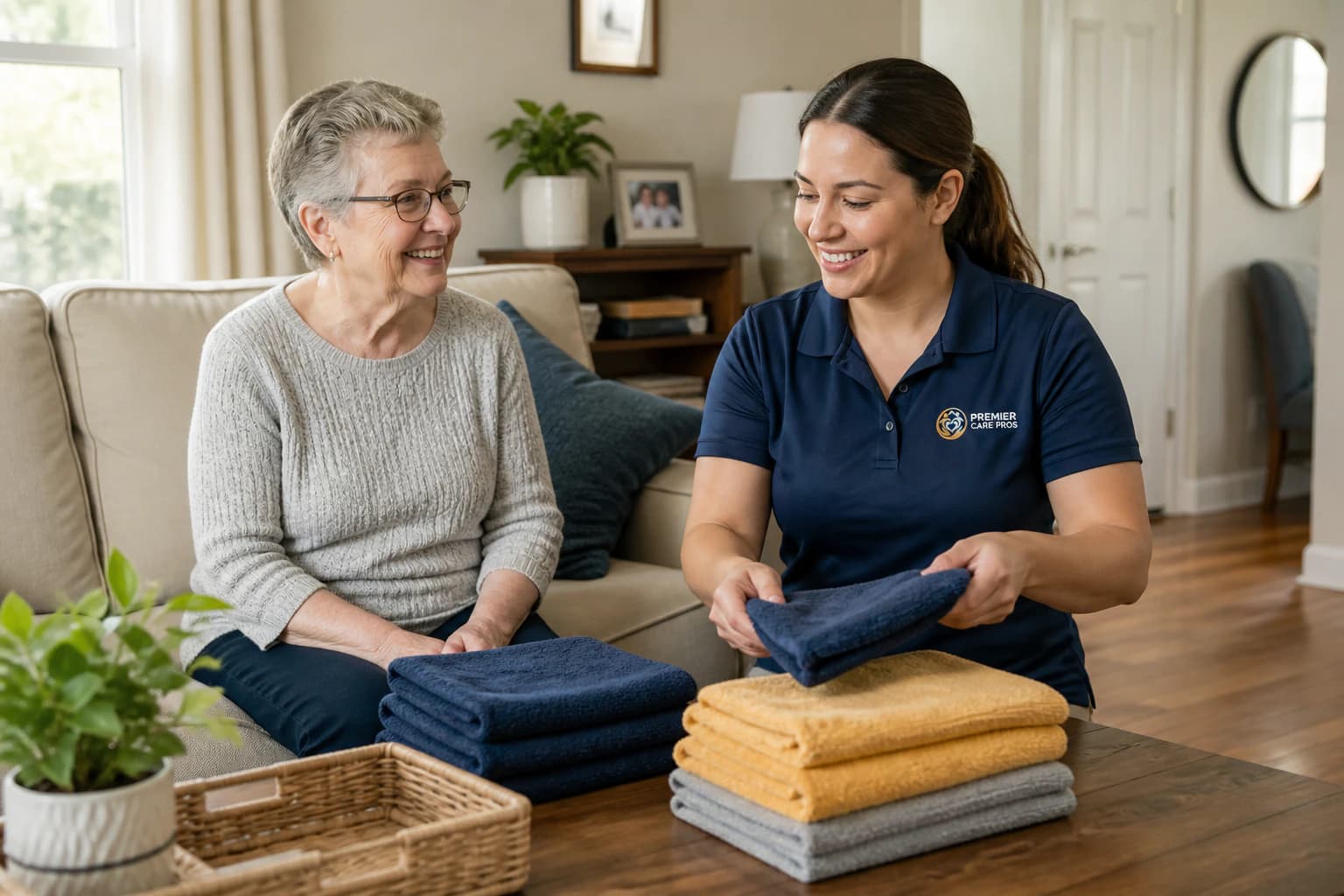 A caregiver folding clean laundry while an older adult visits nearby