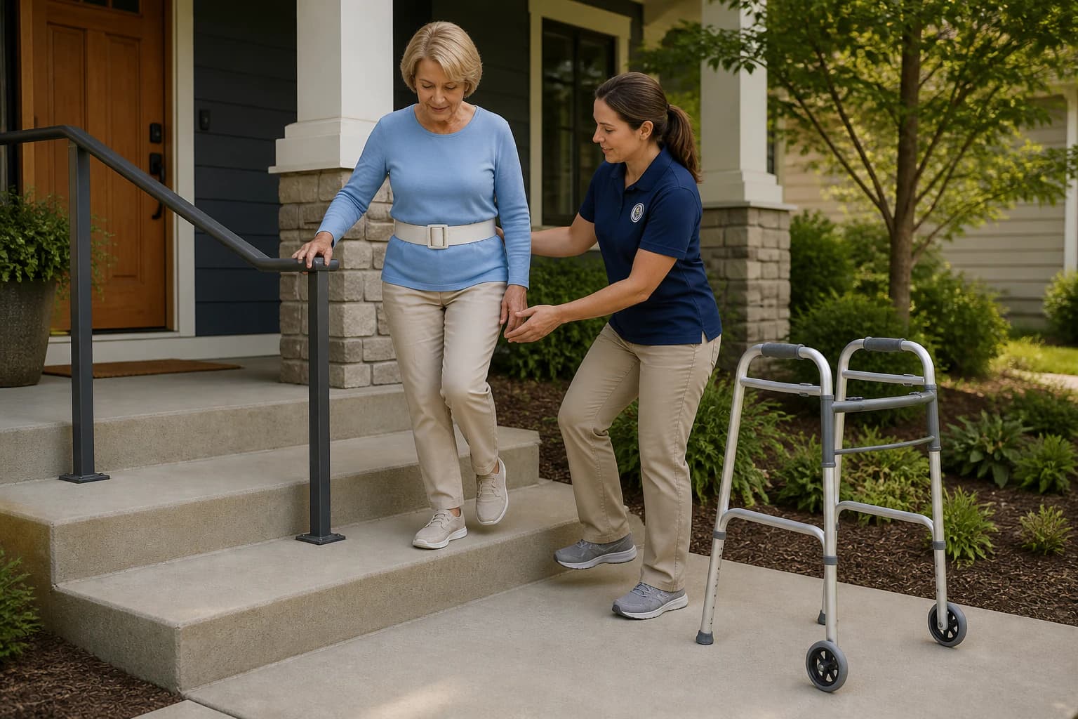 A caregiver safely supporting an adult using a walker at home