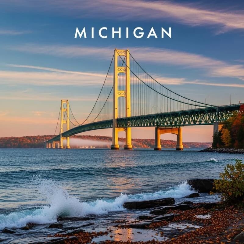 The Mackinac Bridge beneath the word Michigan