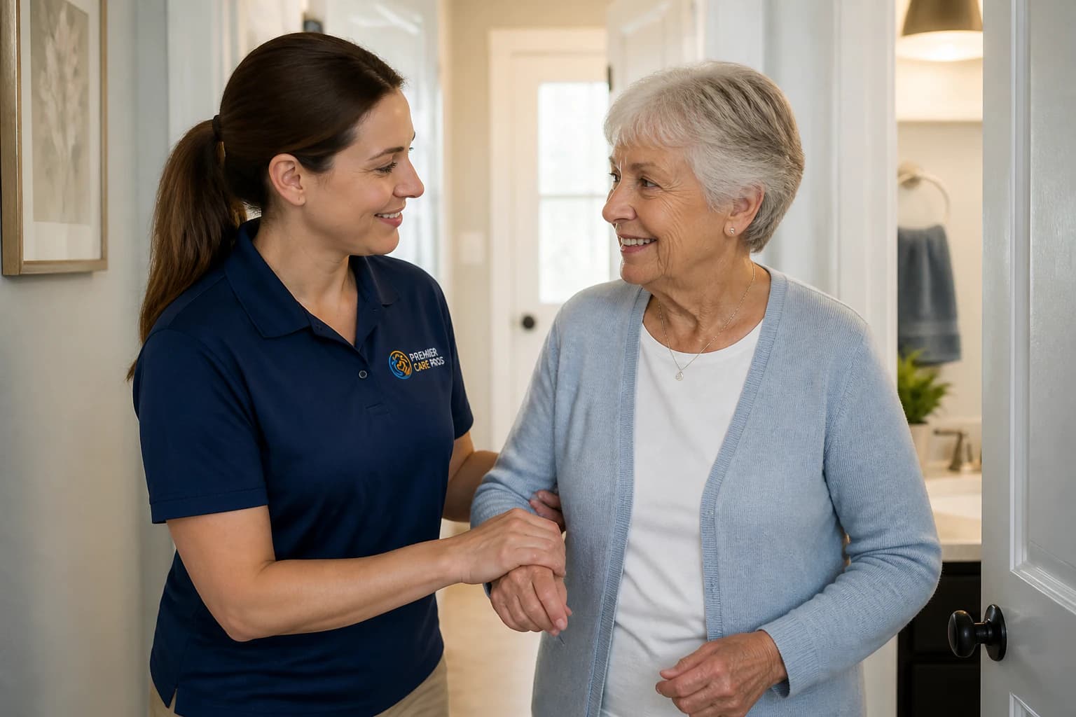 A caregiver respectfully supporting an older adult at home