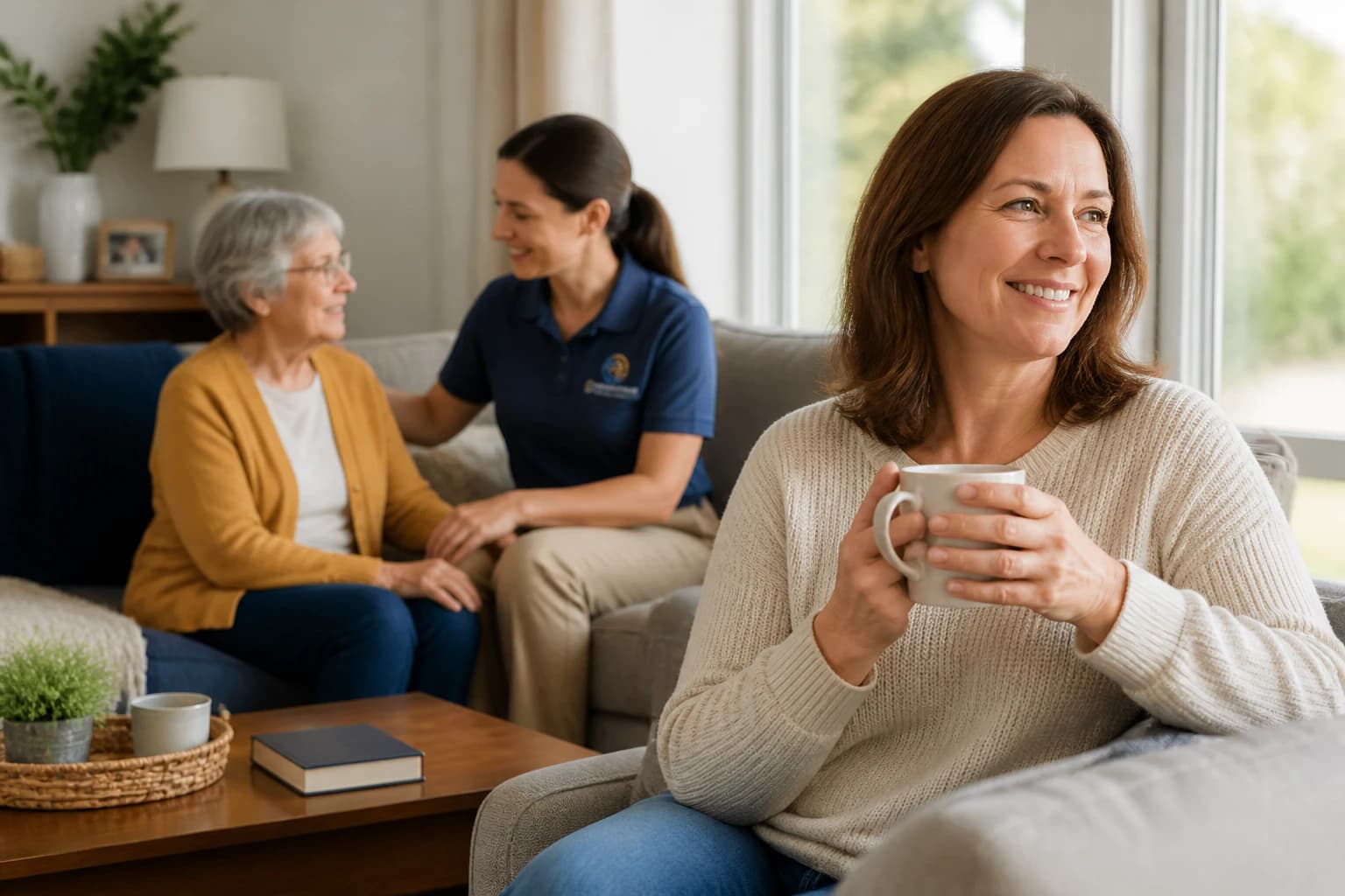 A family caregiver resting while a professional caregiver visits with her parent